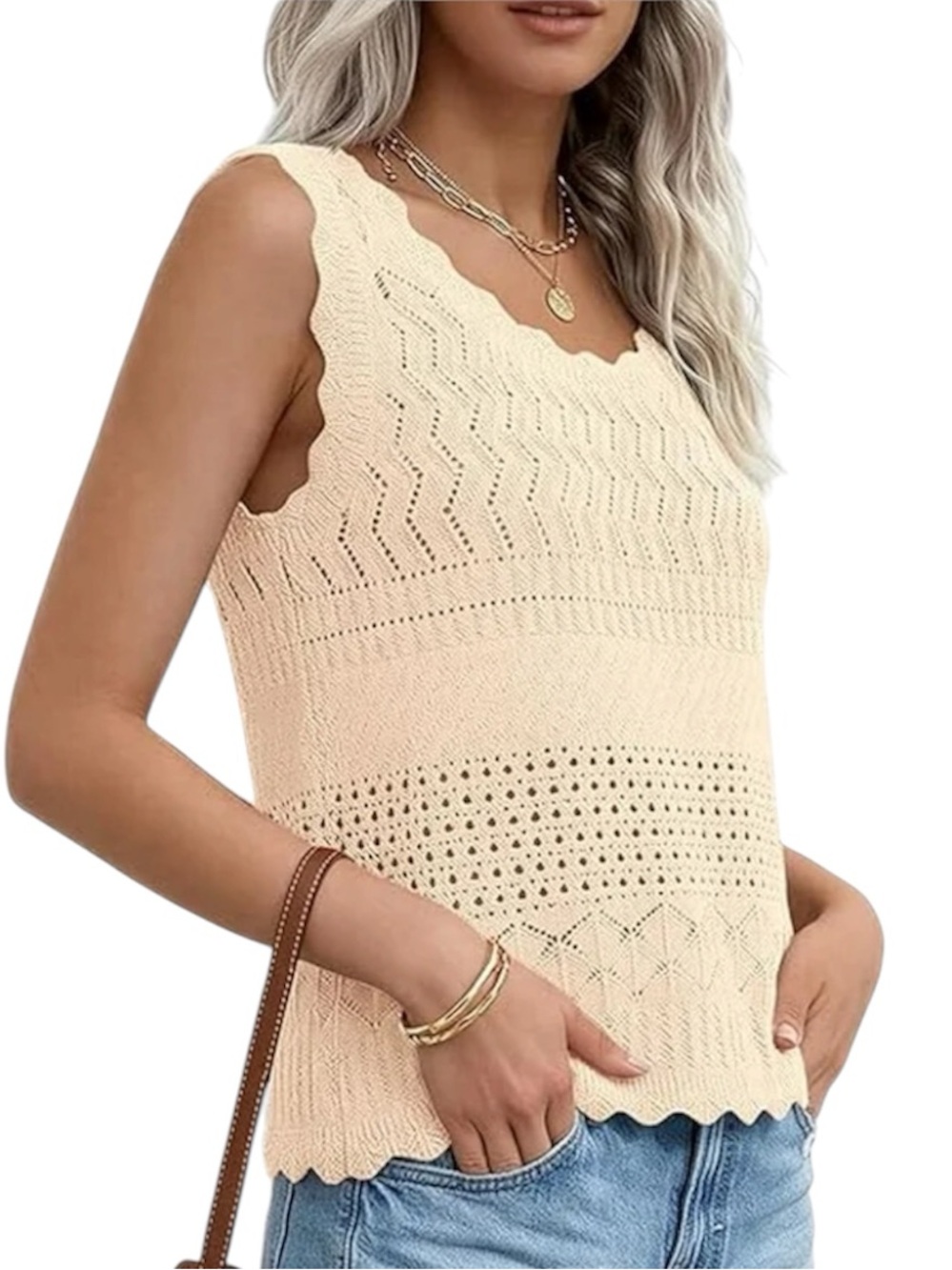 Cream Crochet Knit Sleeveless Tank Top - Picture 3 of 14